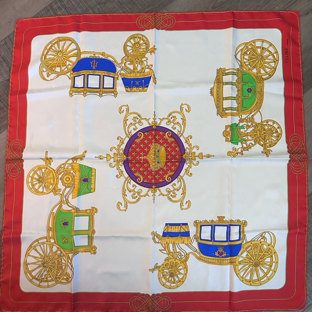 Celine Red and Gold Carriage Silk Scarf early 90s